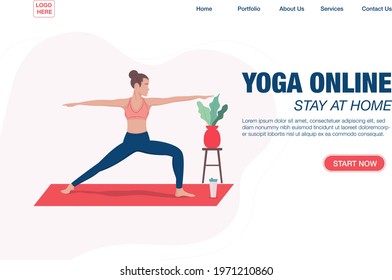 Yoga online class landing page template concept. Girl doing yoga online at home using her laptop