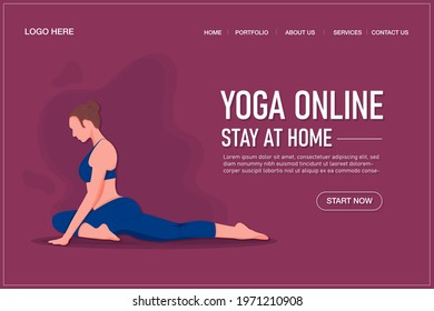 Yoga online class landing page template concept. Girl doing yoga online at home using her laptop