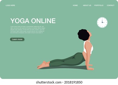 Yoga online class landing page template concept. Girl doing yoga online at home using her laptop