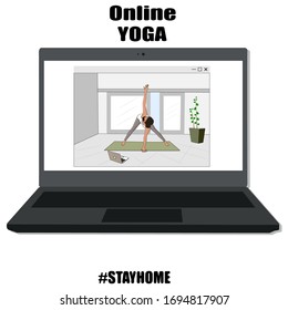 Yoga online class on a laptop. Yoga online on the laptop. Healthy lifestyle and home yoga concept in interior. Stock vector illustration.