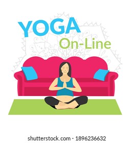 Yoga online class for pregnancy. Woman doing yoga at home. Vector flat illustrations. Concept, banner