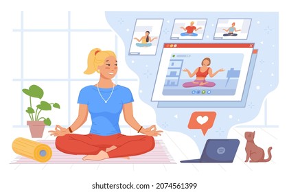 Clase de yoga en línea. Mujer haciendo ejercicio de meditación en casa en video laptop, actividad de salud, componer la educación en habitación interior en cuarentena, cicatriz vectorial voluminosa. Medición de relajación del yoga en línea