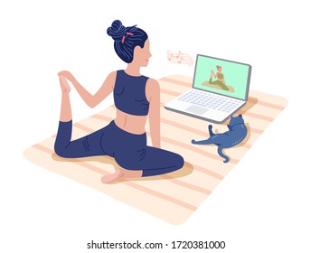 Yoga online classes. Girl watching online sport tutorials on laptop and working out at home with a cat. Concept ilustration isolated on white.