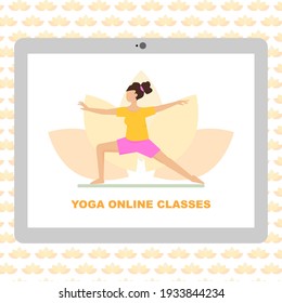 Yoga online classes vector concept. Online yoga lessons cartoon flat illustration with seamless pattern background.