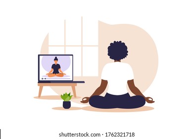 Yoga online concept with african woman doing yoga exercise at home with online instructor. Wellness and healthy lifestyle at home. Woman doing yoga exercises. Vector illustration.