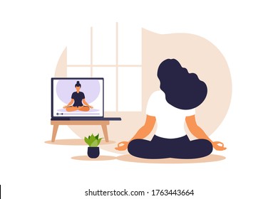 Yoga Online Concept With African Woman Doing Yoga Exercise At Home With Online Instructor. Wellness And Healthy Lifestyle At Home. Woman Doing Yoga Exercises. Vector Illustration.