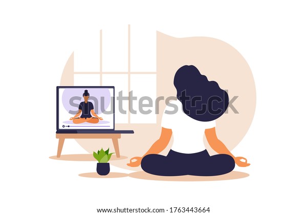 Yoga online\
concept with african woman doing yoga exercise at home with online\
instructor. Wellness and healthy lifestyle at home. Woman doing\
yoga exercises. Vector\
illustration.