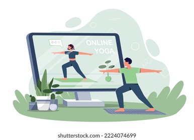 Yoga online concept. Character watches tutorial and takes same assana as teacher. Active lifestyle, sports and fitness. Young guy practice at home, stretches. Cartoon flat vector illustration