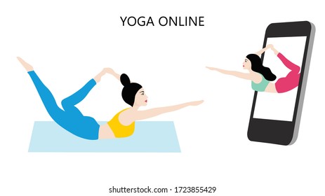 Yoga online concept with healthy woman doing yoga exercise at home with mobile online instructor vector illustration