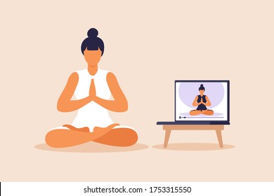 Yoga Online Concept With Healthy Woman Doing Yoga Exercise At Home With Online Instructor. Wellness And Healthy Lifestyle At Home. Woman Doing Yoga Exercises. Vector Illustration.