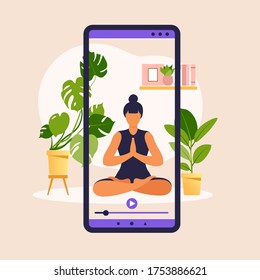 Yoga online concept with healthy woman doing yoga exercise at home with online instructor. Wellness and healthy lifestyle at home. Woman doing yoga exercises. Vector illustration.