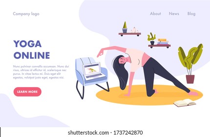 Yoga online concept. Yoga pose, girl is doing physical exercises and watching online classes on laptop. Online yoga with instructor at home web banner, landing. Flat vector illustration.