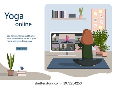 Yoga online concept with young woman doing yoga exercise at home with online classes on laptop. Live stream, online conference internet education. Concept landing page, web page design for website