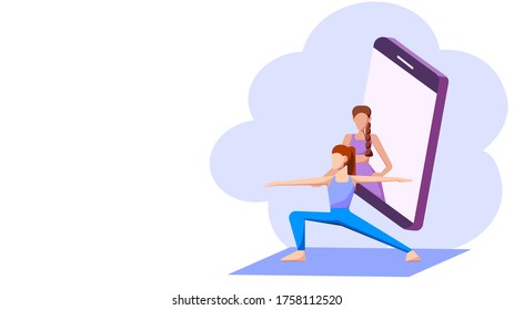 Yoga online course concept : A female yoga teacher training her student via mobile phone. Vector illustration, Flat design