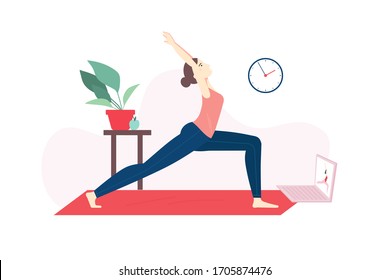 Yoga online course concept. Girl doing yoga online at home using her laptop. Vector flat cartoon illustration