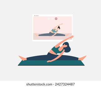 Yoga online course Women watching online yoga tutorials and working out at home vector illustration.