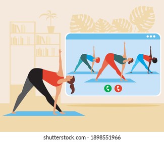 Yoga online, a group of women at home. Flat vector stock illustration. TV with internet yoga lesson. Woman web exercise. Online lesson with a yoga instructor. Vector illustration
