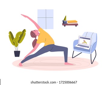 Yoga online at Home. Stay home concept. Girl watching online classes on laptop. Live stream, online education. Do exercise activity in cozy modern interior. Scribble vector illustration