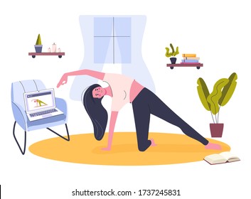 Yoga online at Home. Stay home concept. Girl watching online classes on laptop. Live stream, online education. Do exercise activity in cozy modern interior. Scribble vector illustration