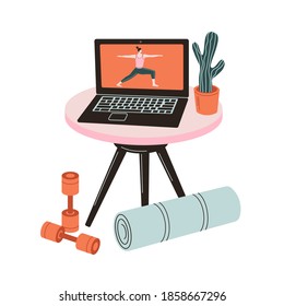 Yoga online with  instructor. Girl watching online classes on laptop. Woman doing yoga exercises at home. 