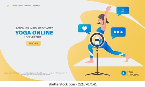 Yoga online landing page template concept. Girl doing yoga online at home with phone and glowing lamp ring. Vector flat cartoon illustration