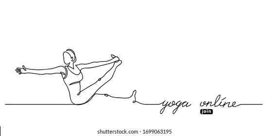 Yoga online lettering. Vector web banner with woman illustration. Join button. Simple yoga background.One continuous line drawing.