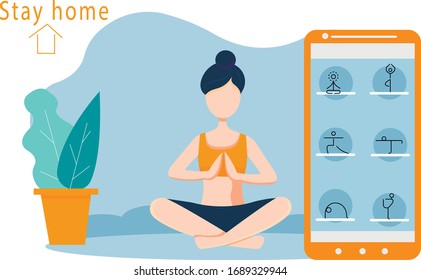 Yoga online on the phone. Digital training concept. Girl using a phone to have yoga lesson. Staying at home during a pandemic coronavirus. stock vector illustration.