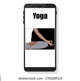 Yoga online on the phone. Digital training concept. Girl using a phone to have yoga lesson. Staying at home during a pandemic coronavirus.  stock vector illustration.