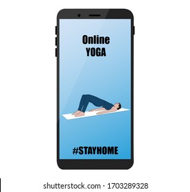 Yoga online on the phone. Digital training concept. Girl using a phone to have yoga lesson. Staying at home during a pandemic coronavirus.  stock vector illustration.