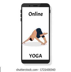 Yoga online on the phone. Digital training concept. Man using a phone to have yoga lesson. Staying at home during a pandemic coronavirus. stock vector illustration.
