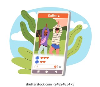 Yoga online on your smartphone. Active lifestyle, workouts, stretching. Cell phone screen with instructors and coaches. Fitness, workout. Cartoon flat vector illustration isolated on white background