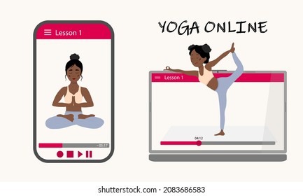 Yoga online, sicher, ohne das Haus zu verlassen. Ein hübsches afrikanisches Mädchen zeigt eine Asana auf dem Bildschirm eines Smartphones und Laptops. Yoga-Training über das Internet. Vektorgrafik.