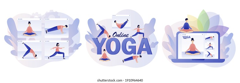 Yoga online. Tiny people watching online classes, practicing hatha yoga, meditation. Stay home concept. Modern flat cartoon style. Vector illustration on white background