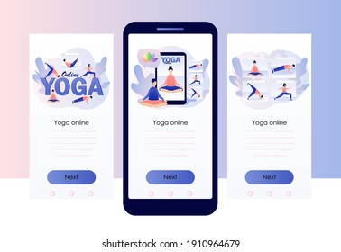 Yoga online. Tiny people watching online classes, practicing hatha yoga, meditation. Stay home concept. Screen template for mobile smart phone. Modern flat cartoon style. Vector illustration