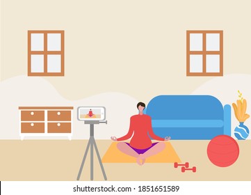 Concepto vectorial en línea de yoga: Instructor de yoga creando un video en línea de una lección de yoga en un teléfono móvil