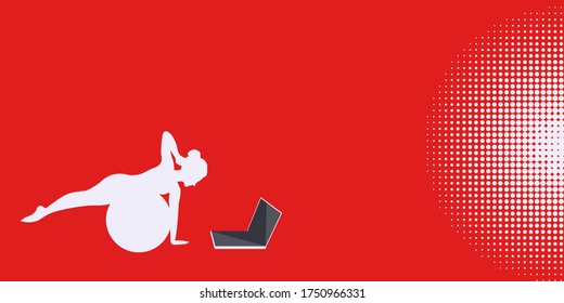 Yoga online - woman is doing exercise on gymnastic ball - vector. Motivation for action. Sports banner