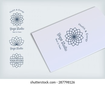 Yoga ornamental emblem set. Vector lineart logo template for relax or spa center, yoga studio, healthcare and traditional medicine