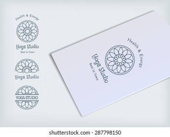 Yoga ornamental emblem set. Vector lineart logo template for relax or spa center, yoga studio, healthcare and traditional medicine
