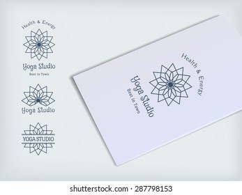 Yoga ornamental emblem set. Vector lineart logo template for relax or spa center, yoga studio, healthcare and traditional medicine