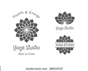 Yoga ornamental emblem set. Vector lineart logo template for relax or spa center, yoga studio, healthcare and traditional medicine