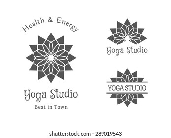 Yoga ornamental emblem set. Vector lineart logo template for relax or spa center, yoga studio, healthcare and traditional medicine