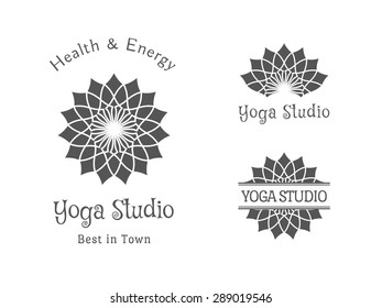 Yoga ornamental emblem set. Vector lineart logo template for relax or spa center, yoga studio, healthcare and traditional medicine
