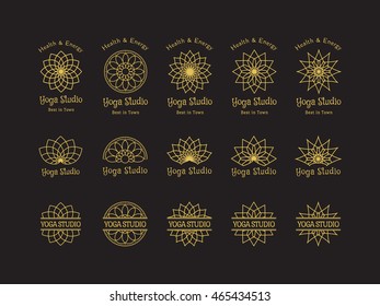 Yoga ornamental emblem set. Vector lineart logo templates for relax or spa center, yoga studio, healthcare and traditional medicine