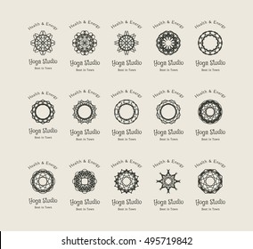 Yoga ornamental emblem set. Vector lineart logo templates for relax or spa center, yoga studio, healthcare and traditional medicine
