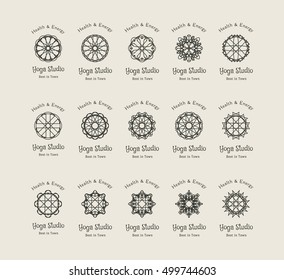 Yoga ornamental emblem set. Vector lineart logo templates for relax or spa center, yoga studio, healthcare and traditional medicine