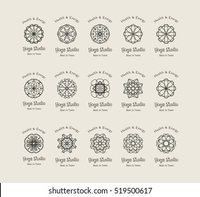 Yoga ornamental emblem set. Vector lineart logo templates for relax or spa center, yoga studio, healthcare and traditional medicine