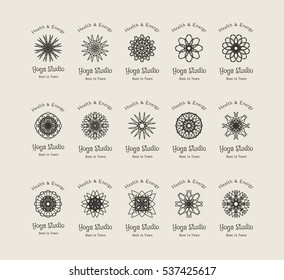Yoga ornamental emblem set. Vector lineart logo templates for relax or spa center, yoga studio, healthcare and traditional medicine
