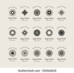Yoga ornamental emblem set. Vector lineart logo templates for relax or spa center, yoga studio, healthcare and traditional medicine