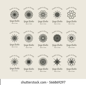 Yoga ornamental emblem set. Vector lineart logo templates for relax or spa center, yoga studio, healthcare and traditional medicine