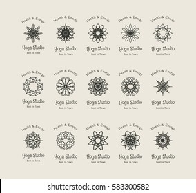 Yoga ornamental emblem set. Vector lineart logo templates for relax or spa center, yoga studio, healthcare and traditional medicine